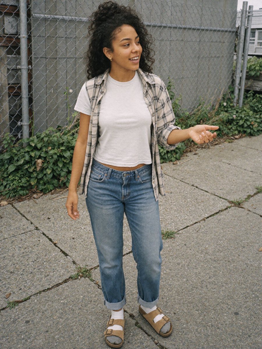 A woman walking along a sidewalk mid-sentence in an open flannel and jeans