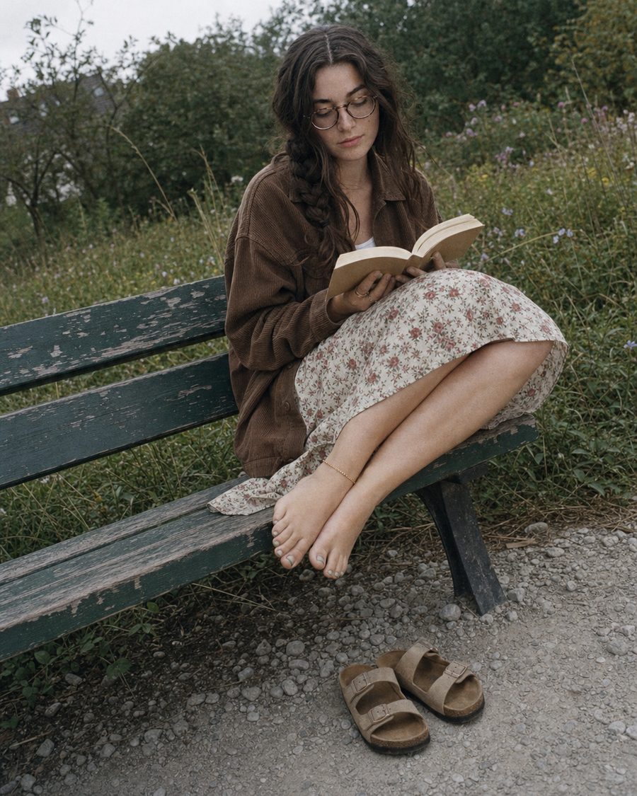 A young woman in glasses reading on a weathered green bench, bare feet with a thin gold anklet, sandals on the gravel below