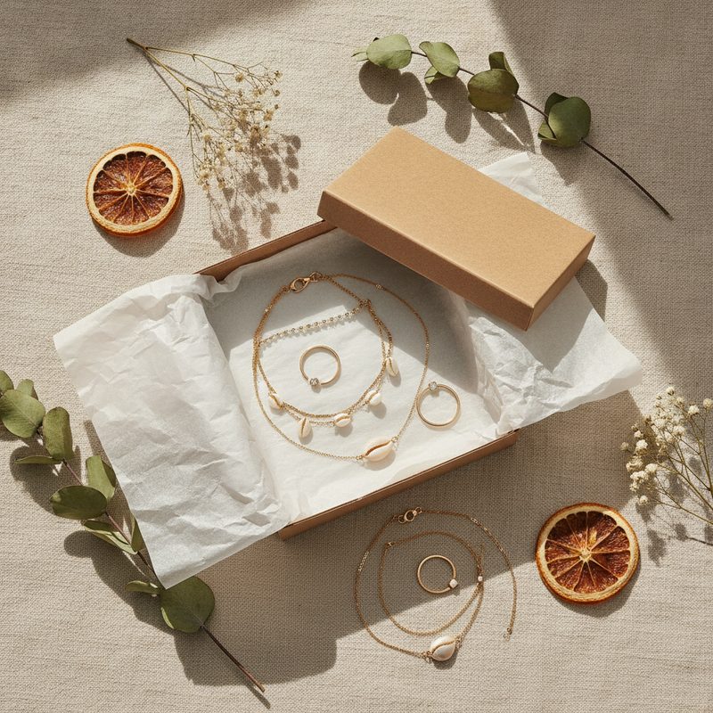 Sole and Spark Mystery Box, kraft gift box with tissue and mixed gold-tone jewelry pieces